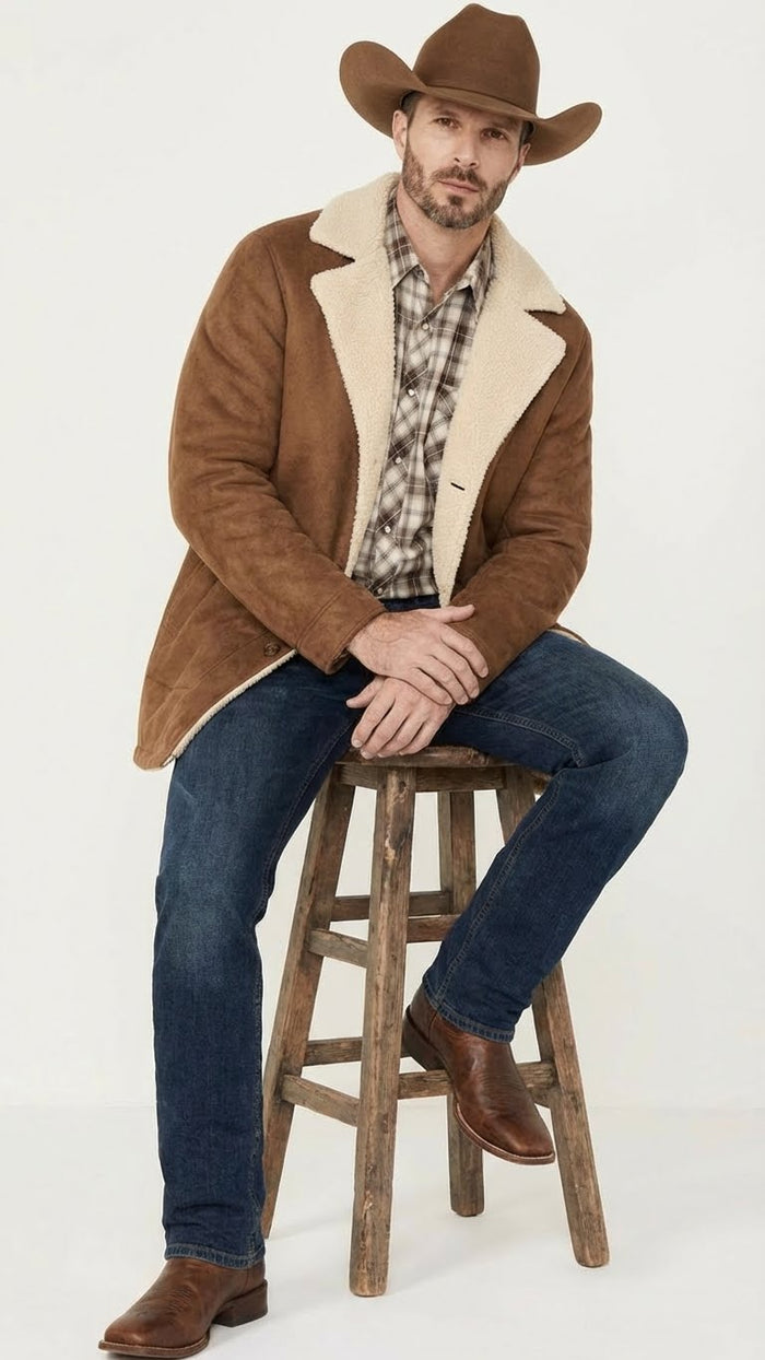Saco Vaquero Men’s Brown Western Faux Suede Blazer Coat – Cowboy Style Long Jacket for Wedding, Party and Special Events