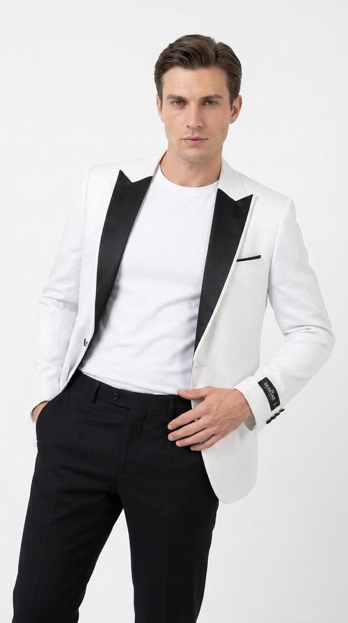 Men's White Sparkle Dinner Jacket – Black Satin Shawl Lapel Tuxedo Blazer   Slim Fit Sequin Shiny Prom Jacket