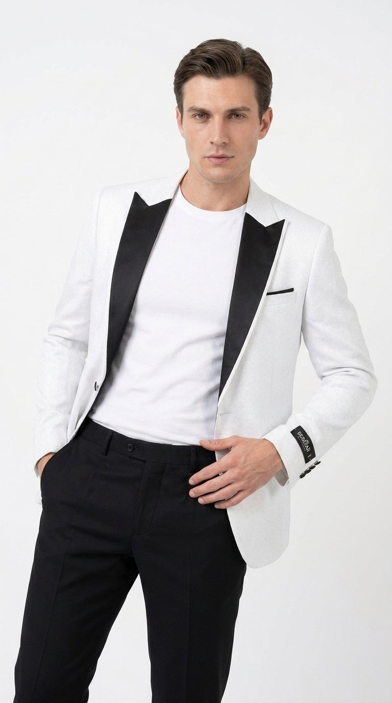 Men's White Sparkle Dinner Jacket – Black Satin Shawl Lapel Tuxedo Blazer   Slim Fit Sequin Shiny Prom Jacket