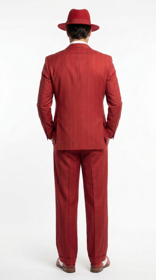 Men’s Red & White Pinstripe 3-Piece Suit by Mazari – Peak Lapel Classic Fit Gangster Suit with Pleated Pants