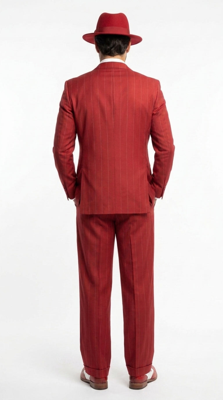 Men’s Red & White Pinstripe 3-Piece Suit by Mazari – Peak Lapel Classic Fit Gangster Suit with Pleated Pants
