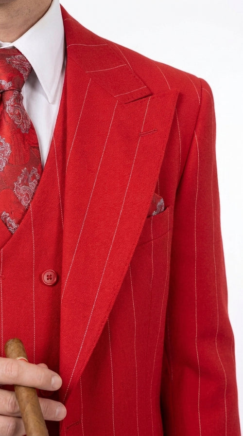 1920s Christmas Holiday Gangster Men’s Red Pinstripe 3-Piece Suit – Peak Lapel Classic Fit Pleated Pants