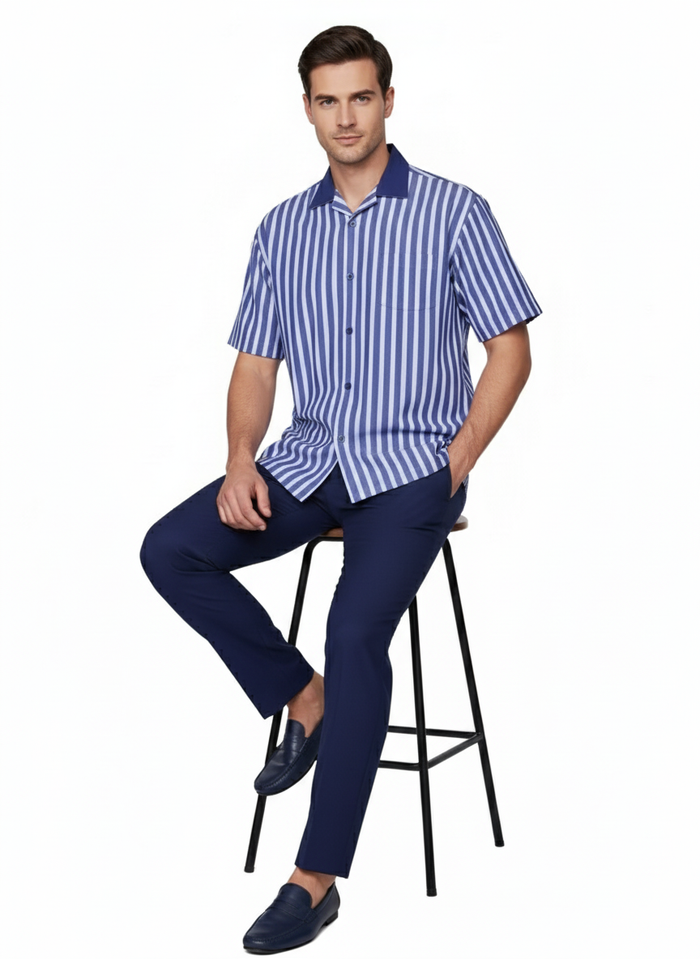Men’s Blue and White Vertical Stripe Short Sleeve Shirt Set - Casual Summer Two-Piece Outfit by USA Men's Outlet