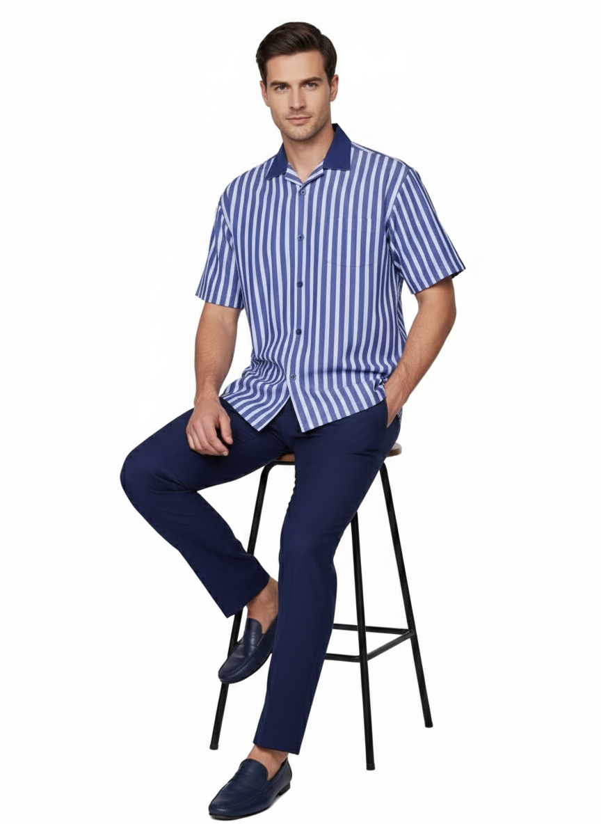 Men’s Blue and White Vertical Stripe Short Sleeve Shirt Set - Casual Summer Two-Piece Outfit by USA Men's Outlet