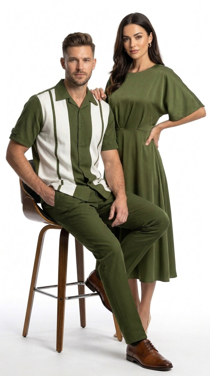 Men’s Olive Green and White Walking Suit – 2-Piece Short Sleeve Casual Leisure Outfit