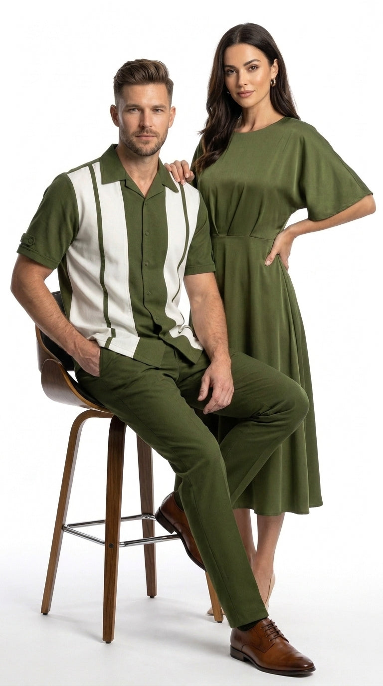 Men’s Olive Green and White Walking Suit – 2-Piece Short Sleeve Casual Leisure Outfit