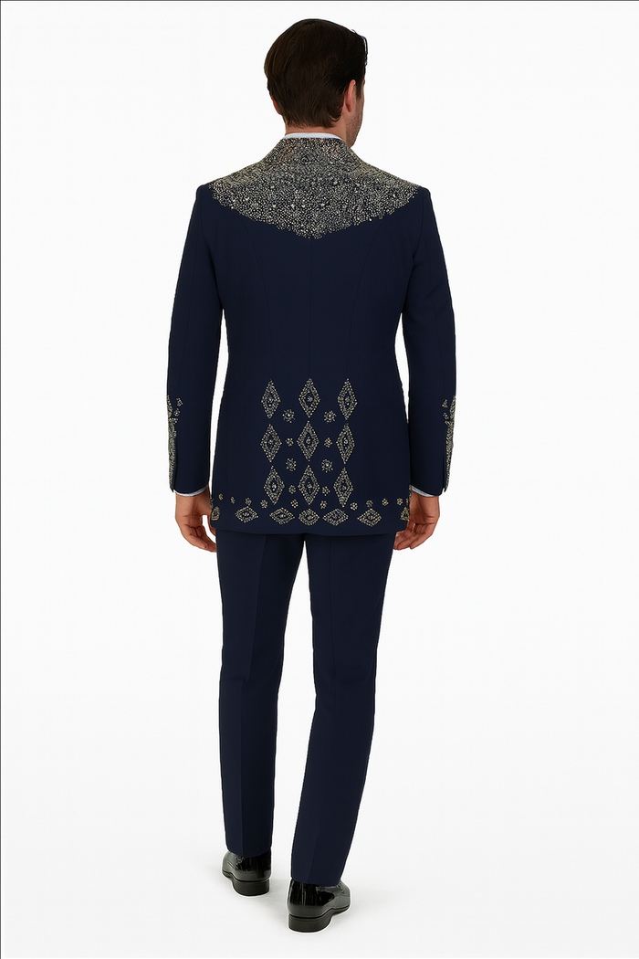 Men’s Navy Tuxedo with Gold Embroidery - Slim Fit Formal Dinner Jacket with Shawl Lapel by USA Men's Outlet