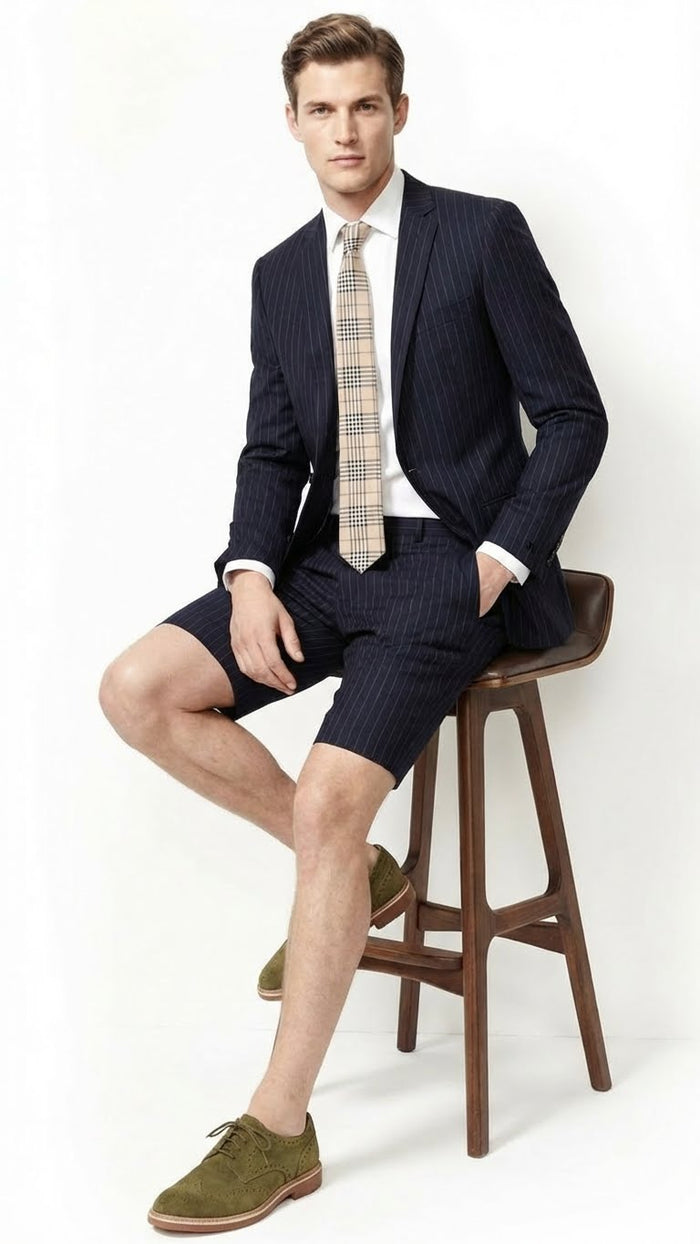 Men’s Dark Navy Blue Pinstripe or Black Pinstripe Summer Business Suit with Shorts Pants Set by USA Men's Outlet