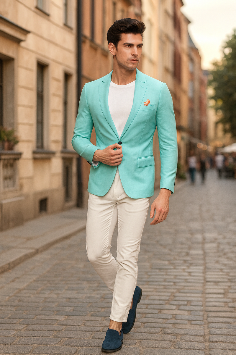 Men’s Aqua Blazer – Slim Fit One Button Suit Jacket with Stylish Floral Inner Lining - Light Turquoise