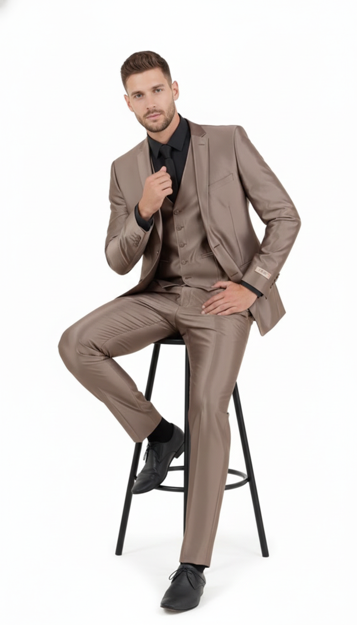 Men’s Sateen Shiny Metallic Mocca Taupe Gold Bronze 3-Piece Suit Set - Shiny Finish slim Fit Formal and Party Suit USA Men's Outlet