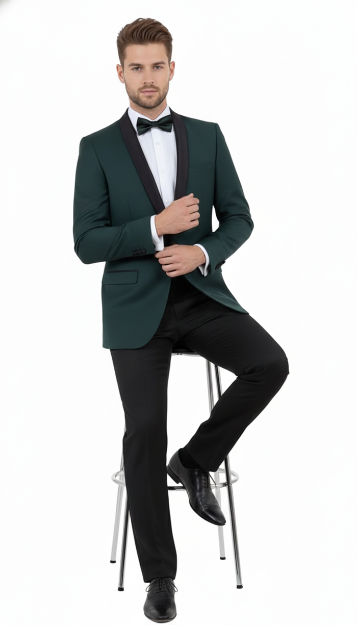Men’s Green Tuxedo Suit - Slim Fit Jacket with Black Satin Shawl Lapel and Black Pants in Hunter Green by USA Men's Outlet