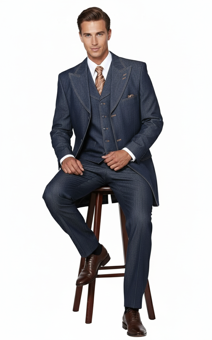 Men’s Cotton Denim Three-Piece Suit - Modern Blazer Denim Suit with Vest and Trousers Pleated Pants Classic Fit by USA Men's Outlet