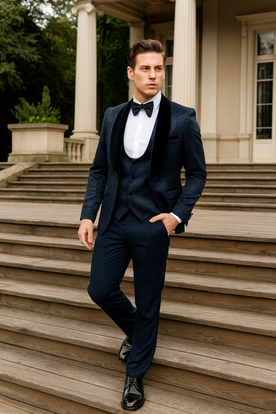 Men’s Navy Blue Jacquard Tuxedo with Black Velvet Shawl Lapel – 3 Piece Formal Suit with Bow Tie