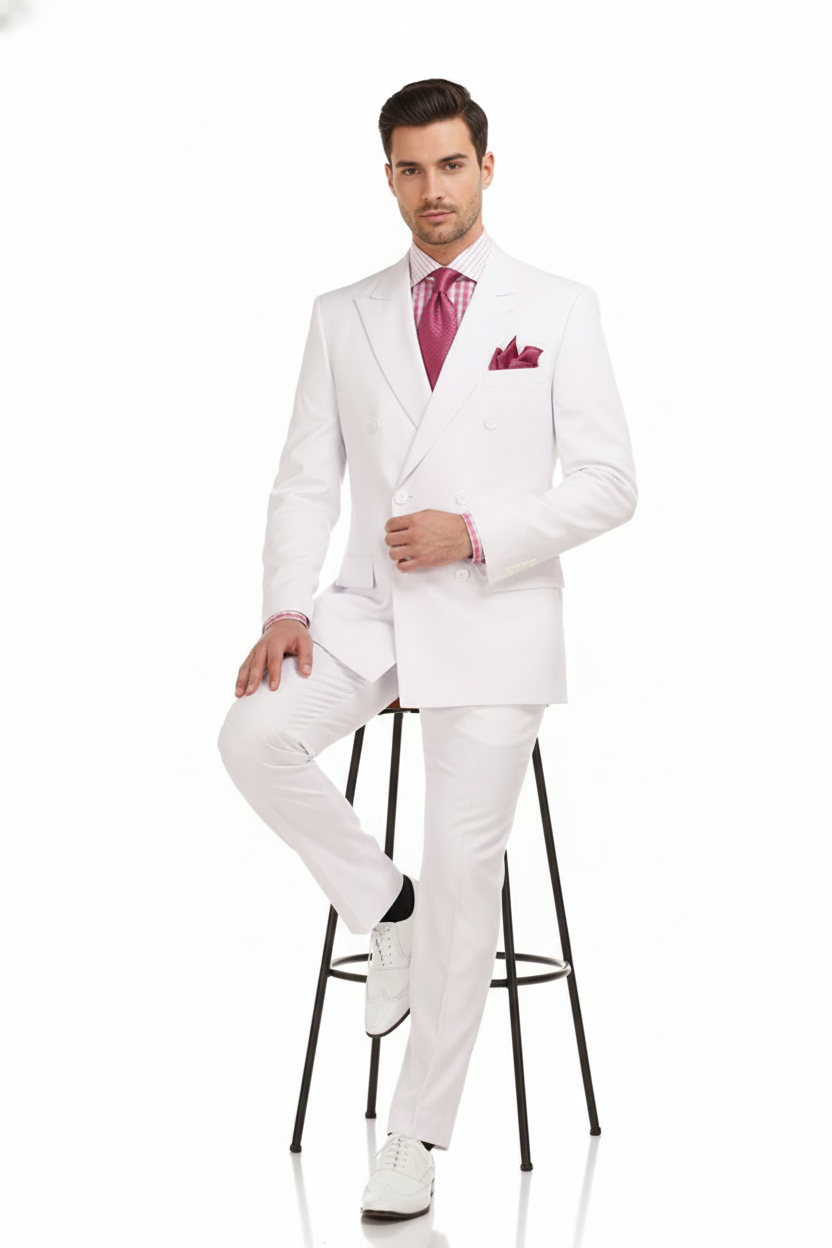Men’s White Double-Breasted 3-Piece Suit Set – Premium Tailored Fit Formal Wedding and Evening Suit