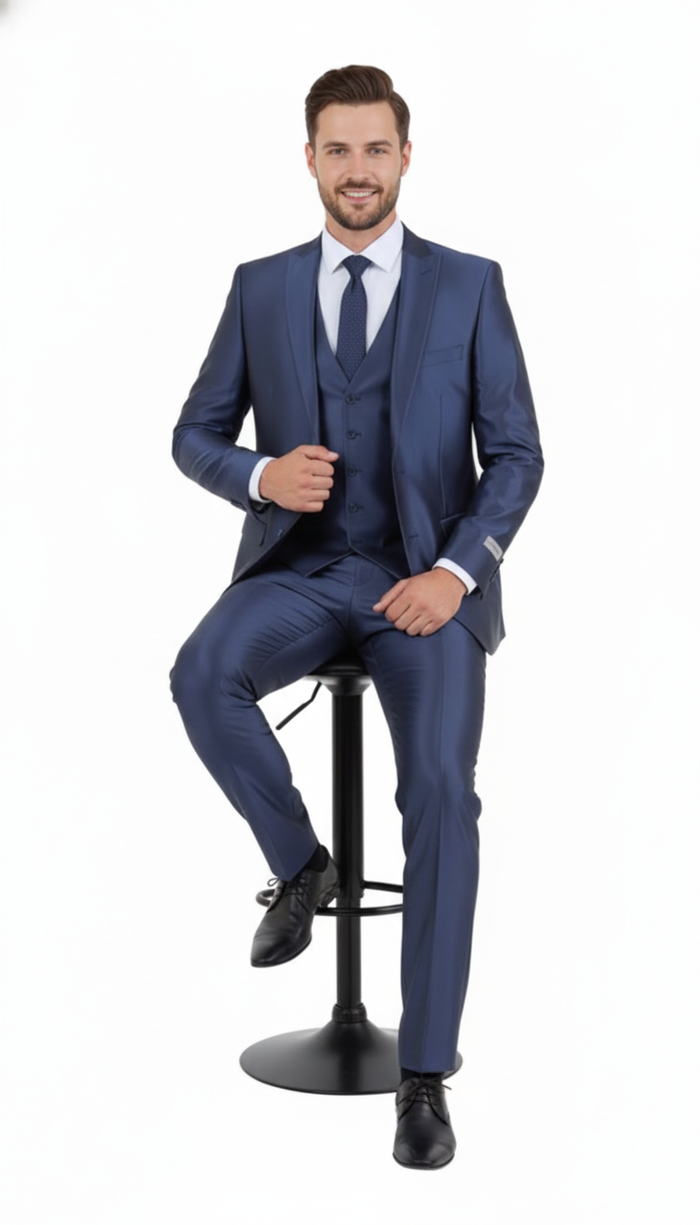 Men’s Navy Blue Shiny Finish 3-Piece Suit Set - Premium Tailored Fit Formal Wedding and Party Sateen Slim Fitted Suit by USA Men's Outlet