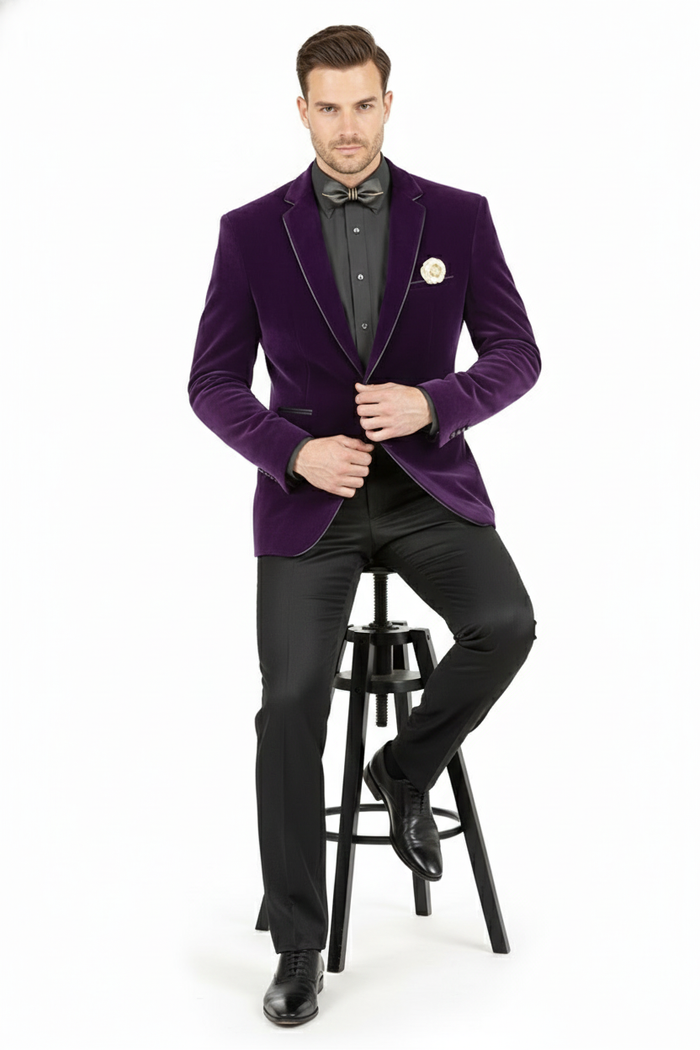 Men’s Purple Velvet Blazer - Luxury Slim Fit Formal Jacket with Black Satin Trim Tuxedo Dinner Jacket by USA Men's Outlet