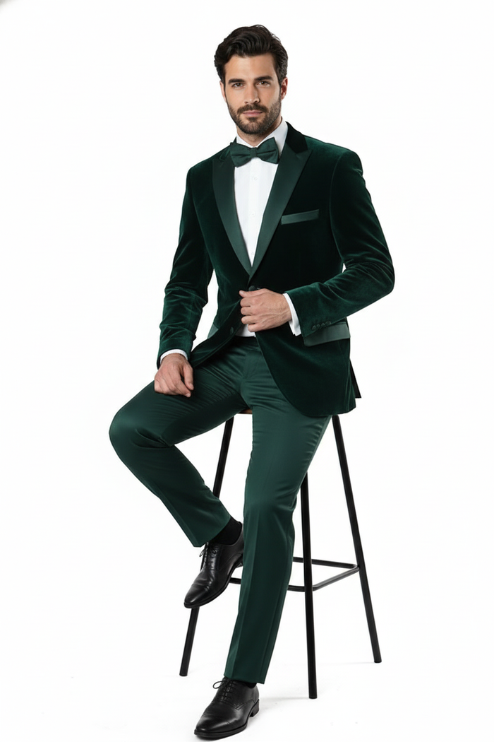 Men’s Dark Green Velvet Tuxedo Dinner Jacket - Slim Fit Formal Blazer with Satin Peak Lapel Lape by USA Men's Outlet