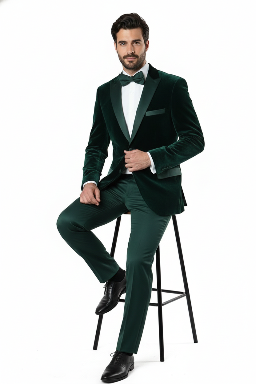 Men’s Dark Green Velvet Tuxedo Dinner Jacket - Slim Fit Formal Blazer with Satin Peak Lapel Lape by USA Men's Outlet