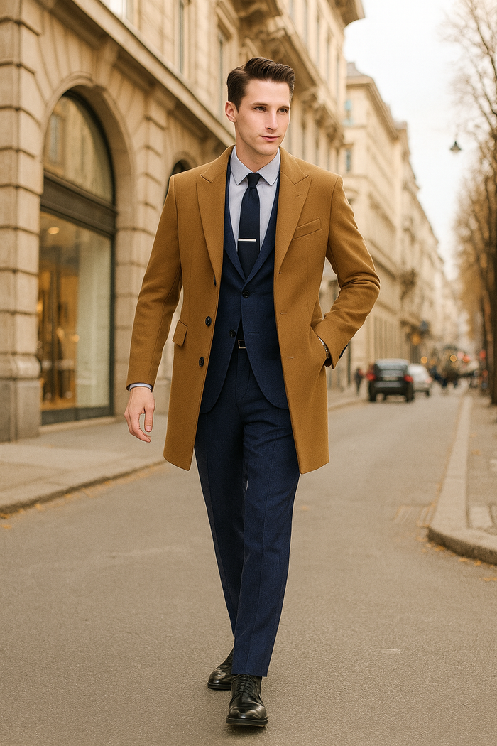 Men’s Camel Brown Wool Overcoat - Classic Long Dress Coat for Business and Casual Wear in Vecuna Color by USA Men's Outlet