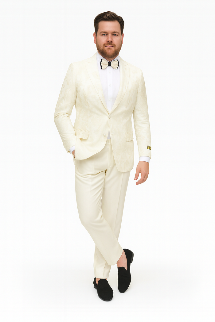 Men’s Ivory Floral Embroidered Tuxedo Jacket - Elegant Wedding and Party Blazer in Cream Color With Ivory Pants USA Men's Outlet