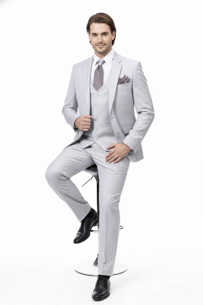 Men’s Very Light Gray Three-Piece Wedding Suit 2 Buttons Modern or Slim Fit Ash Bone Color Steel Grey USA Men's Outlet