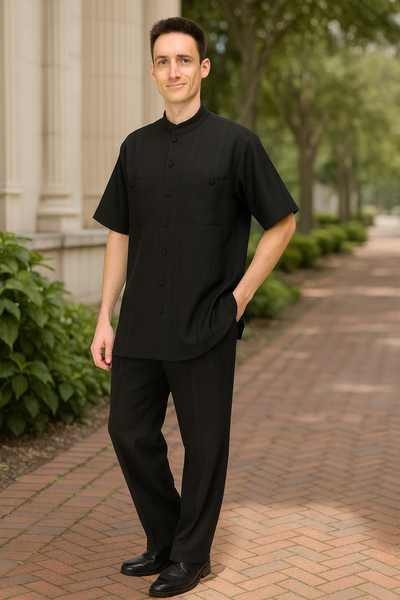 Men’s Black Banded Collar Walking Suit – Short Sleeve Shirt and Matching Pants Banded Collar Linen Fabric