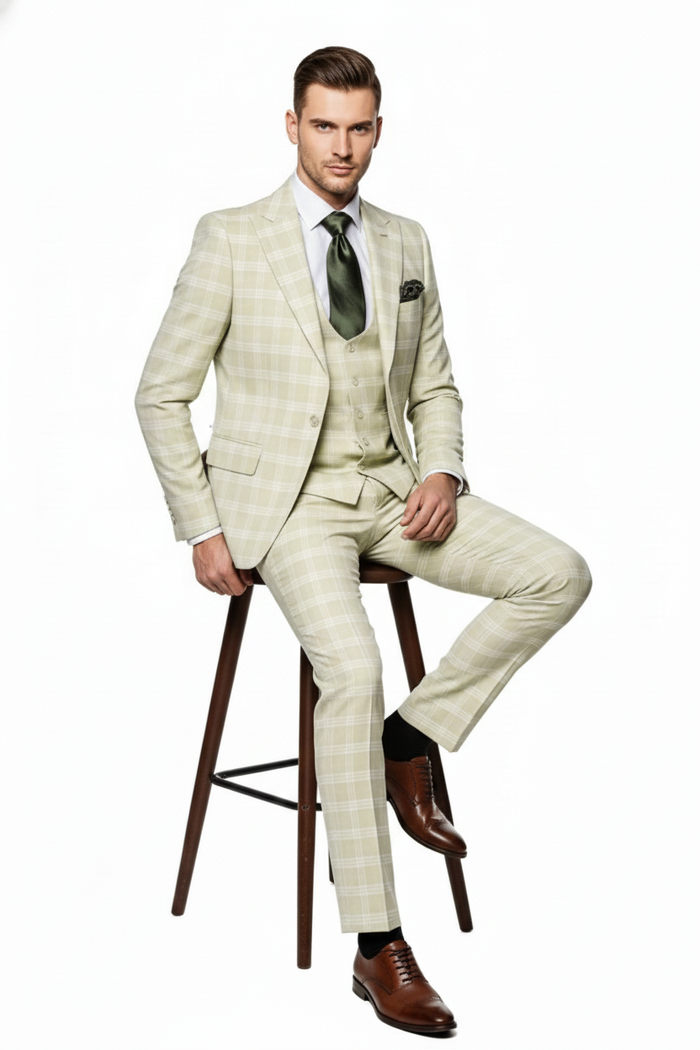 Men’s Light Beige Check 3-Piece Suit Set - Premium Tailored Fit Formal Wedding and Spring Event Suit Light Tan Sand Color By Rossiman USA Men's Outlet