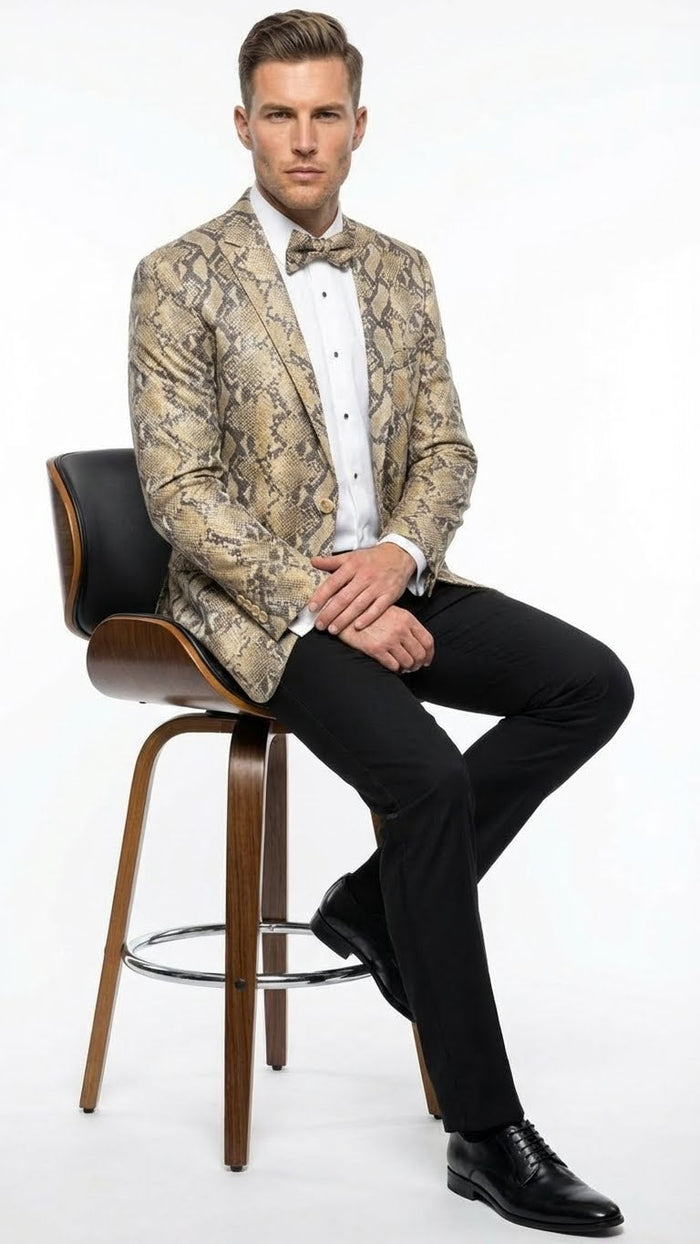 Men’s Beige and Black Snakeskin Print Blazer - Alligator Crocodile Exotic Sking Sport Coat Jacket in Tan Camel Color USA Men's Outlet