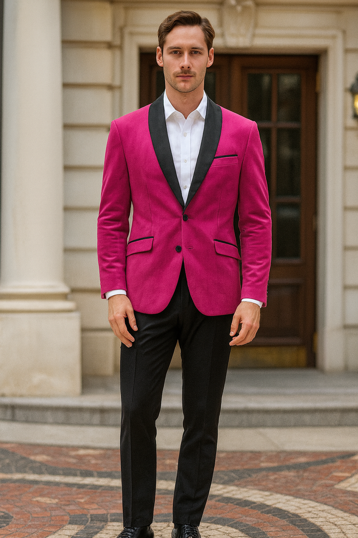 Men’s Fuchsia Tuxedo Blazer with Black Satin Lapel - Stylish Party and Wedding Jacket in Hot Pink Color with Black Pants by USA Men's Outlet