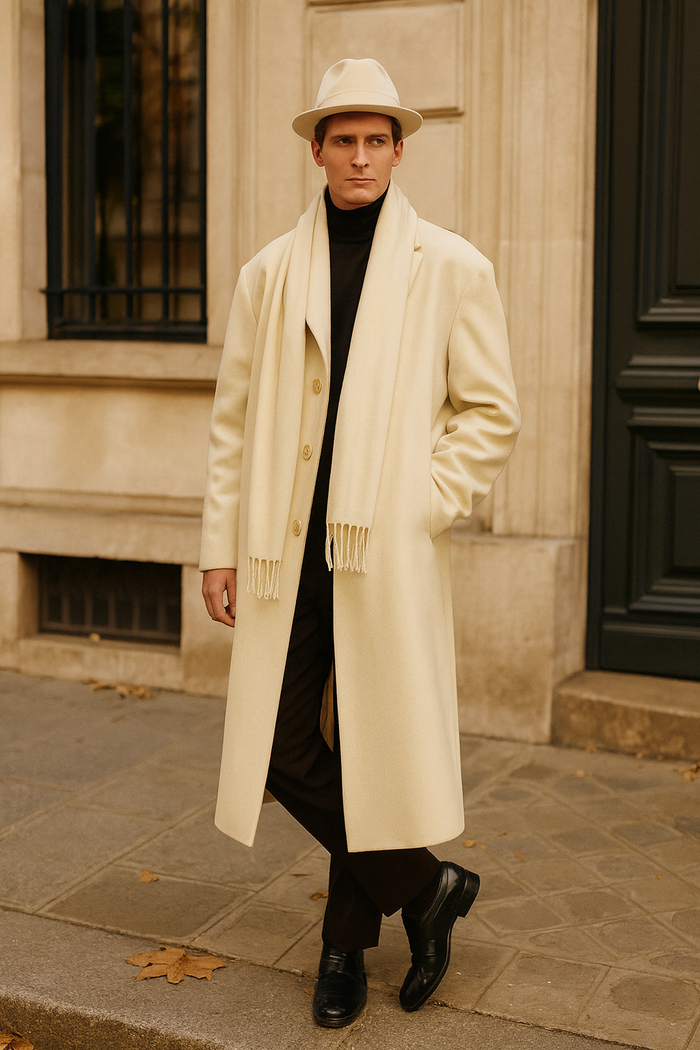 Men’s Long Cream Overcoat Wool Fabric in Ivory Off White Color Full length by USA Men's Outlet