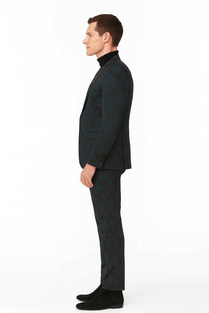 Men’s Emerald Green Floral Jacquard 3-Piece Tuxedo Suit - Slim Fit Formal Set with Blazer, Vest, and Pants Paisley Fabric - Ultra slim fitted by USA Men's Outlet