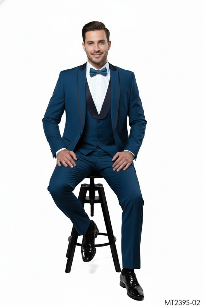 Men’s Teal Blue Tuxedo - 3-Piece Formal Suit with Satin Shawl Lapel, Vest, and Pants in Saphire Cobalt Blue Color by USA Men's Outlet