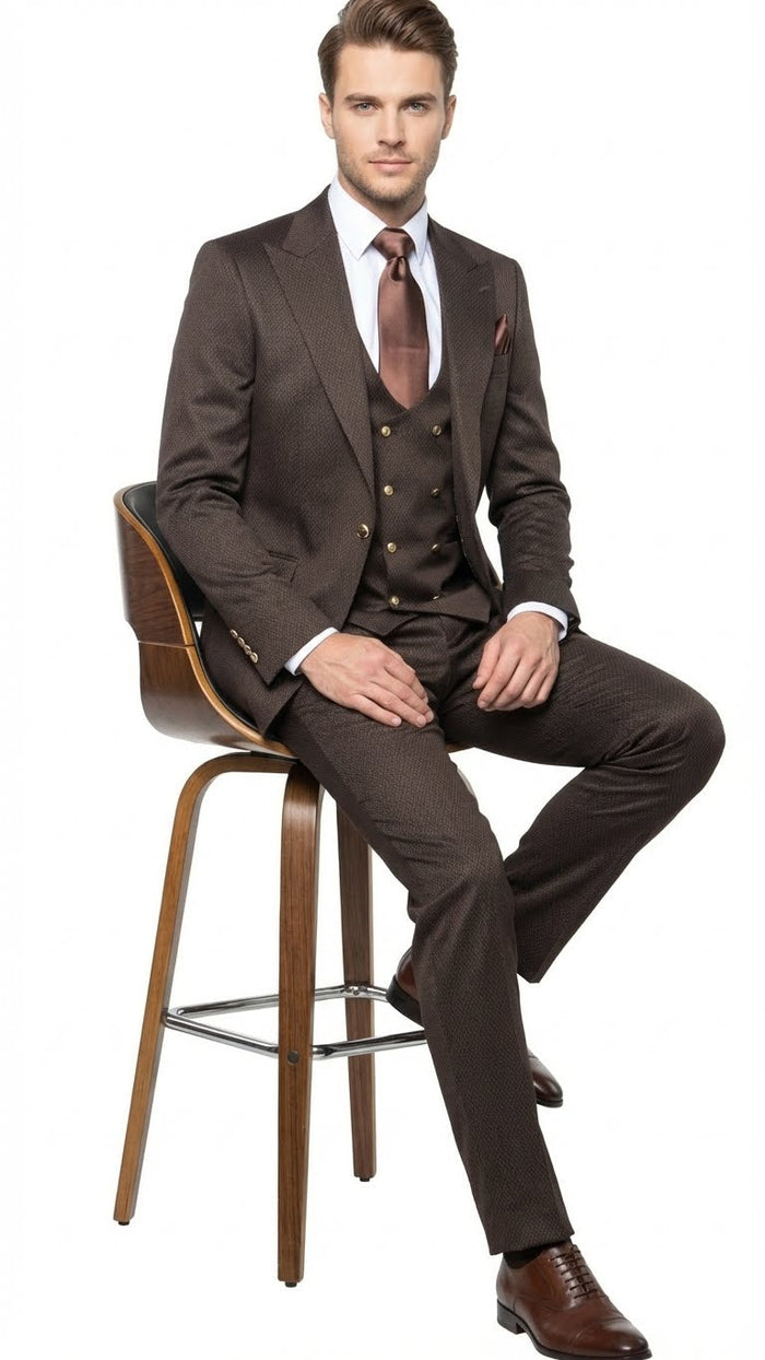 Men’s Chocolate Brown Textured 3-Piece Suit - Luxury Double-Breasted Vest Formal Set by USA Men's Outlet