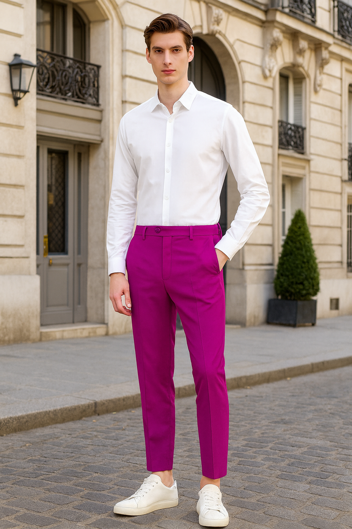 Men’s Fuchsia Dress Pants - Slim Fit Stylish Formal Trousers for Parties in Hot Pink Color by USA Men's Outlet