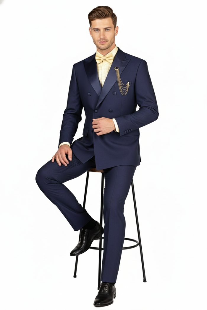 Men’s Navy Blue Double-Breasted Tuxedo with navy Satin Peak Lapel Wedding Suit by USA Men's Outlet