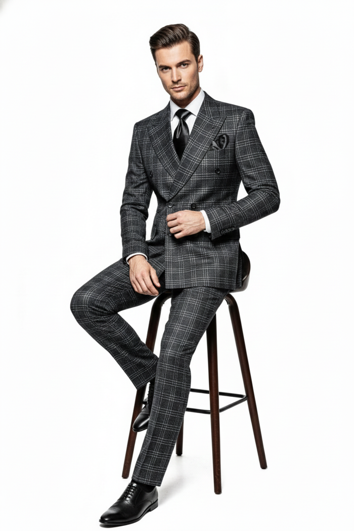 Men’s Charcoal Plaid Double-Breasted Suit - Tailored Pants Windowpane Pattern By Rossiman - USA Men's Outlet