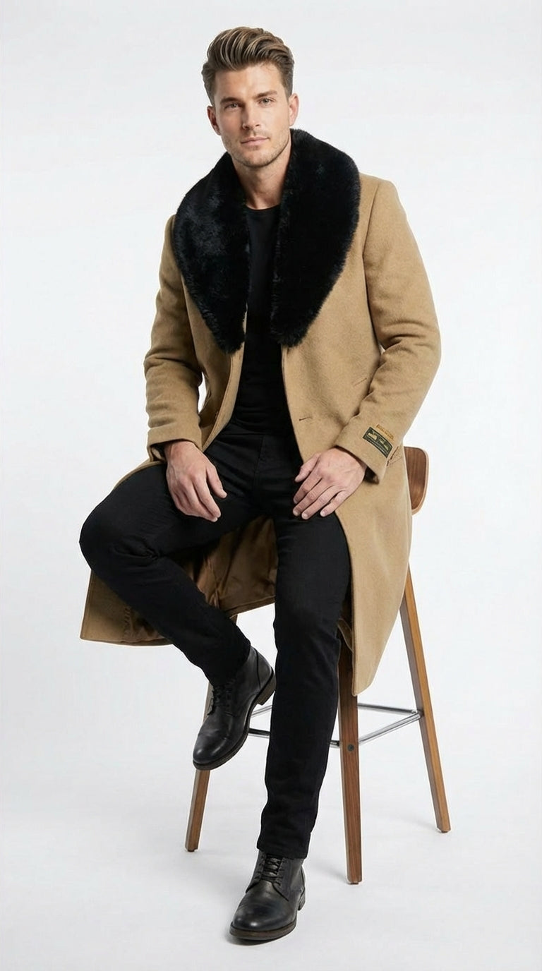 Men’s Camel Tan Long Overcoat with Black Faux Fur Collar - Wool Topcoat Three if not Full length