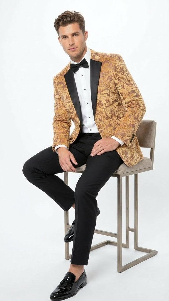 Men’s Yellow Gold Baroque Pattern Tuxedo Blazer Suit - Party and Wedding Jacket Prom Paisley Black Pants USA Men's Outlet