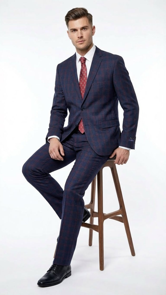 Men’s Navy Blue and Burgundy Checkered Two-Piece Suit Plaid Windowpane - Flat Front Pants or Pleated Wide Leg Pants - 100% Wool USA Men's Outlet
