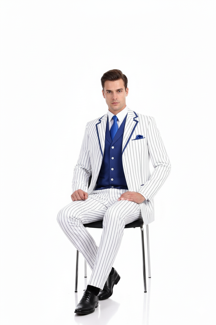 Men’s White and Royal Blue Pinstripe 3-Piece Suit - Classic Fit Blazer with Vest, Pants, and Tie by USA Men's Outlet