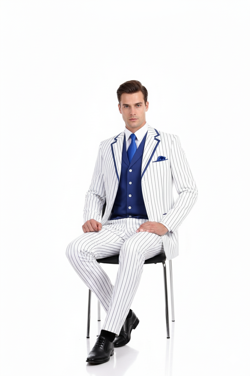 Men’s White and Royal Blue Pinstripe 3-Piece Suit – Classic Fit Blazer with Vest, Pants, and Tie