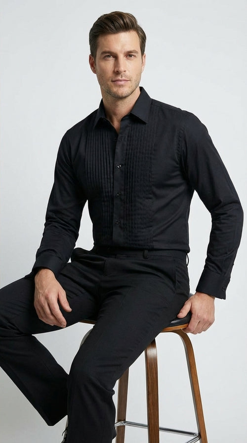 Men’s Black Pleated Tuxedo Dress Shirt | Formal Laydown Collar Button-Up Shirt for Weddings & Black Tie By Tiglio