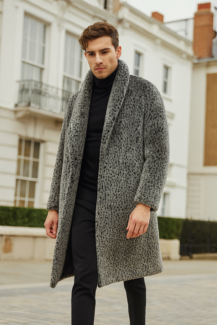 Men’s Luxury Long Grey Faux Fur Coat - Winter Overcoat with Animal Print Design by USA Men's Outlet