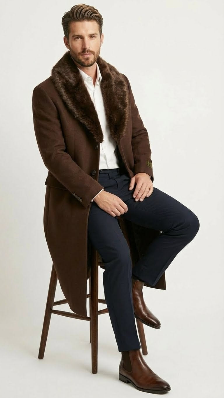 Men’s Brown Long Overcoat with Faux Fur Collar - Classic Winter Formal Coat Three Quarter Carcoat Wool and Cashmere Fabric USA Men's Outlet