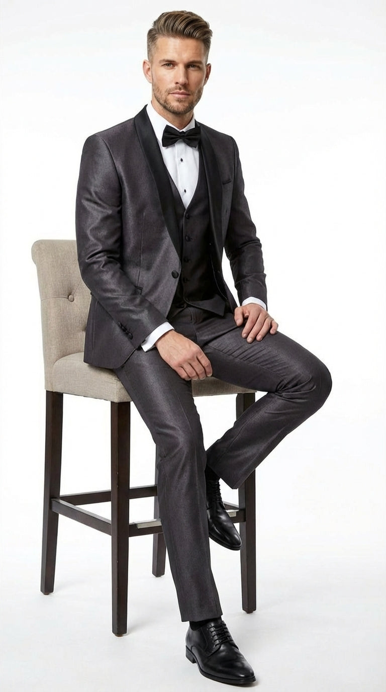 Men’s Shiny Sateen Charcoal Gray Tuxedo 3 Piece Suit with Black Shawl Lapel | Formal Wedding Prom Suit Sharkskin