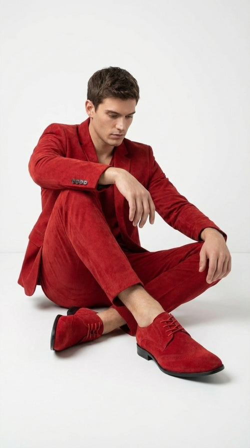 Men’s Red Suede Tuxedo Dress Shoes | Formal Lace-Up Wingtip Shoes for Wedding, Prom & Party - Velvet Shoe