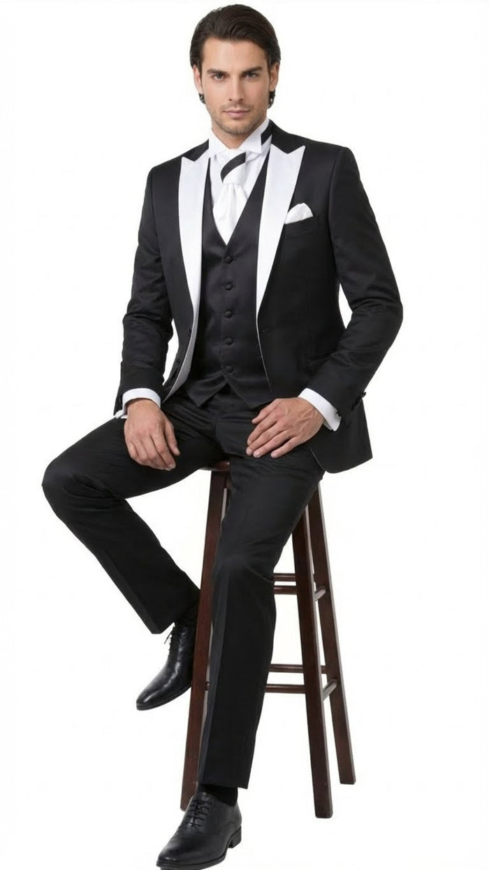 Men’s Black and White Lapel Prom Tuxedo Suit + Black Vest + Black Pants Peak Lapel USA Men's Outlet