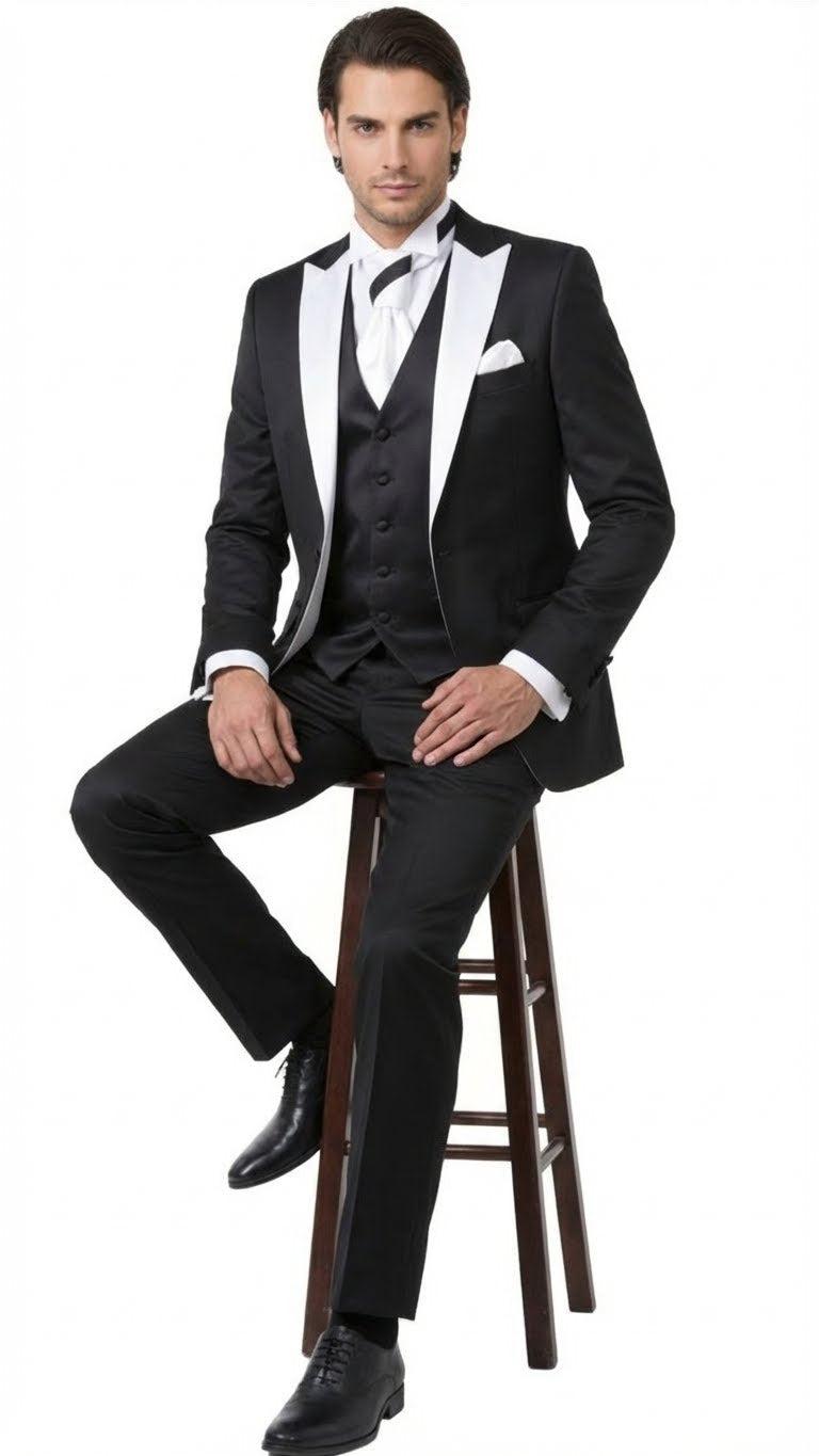 Men’s Black and White Lapel Prom Tuxedo Suit + Black Vest + Black Pants Peak Lapel USA Men's Outlet