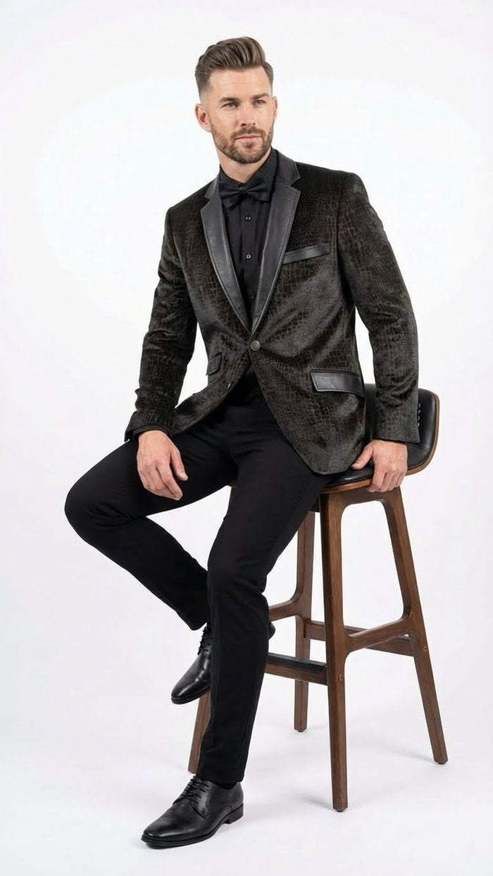 Men’s Crocodile Alligator Exotic skin Texture Blazer - Slim Fit Designer Jacket with Satin Lapels for Formal and Party Wear in Black Color USA Men's Outlet