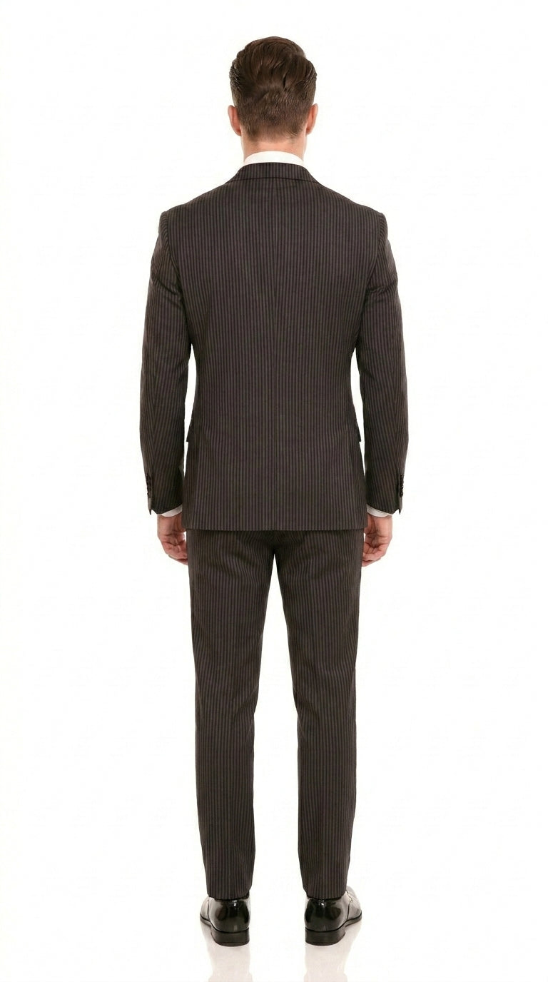 Men’s Double Breasted Suit – Classic Peak Lapel Formal Tuxedo Style Suit for Wedding in Black Ton on Tone Pinstripe